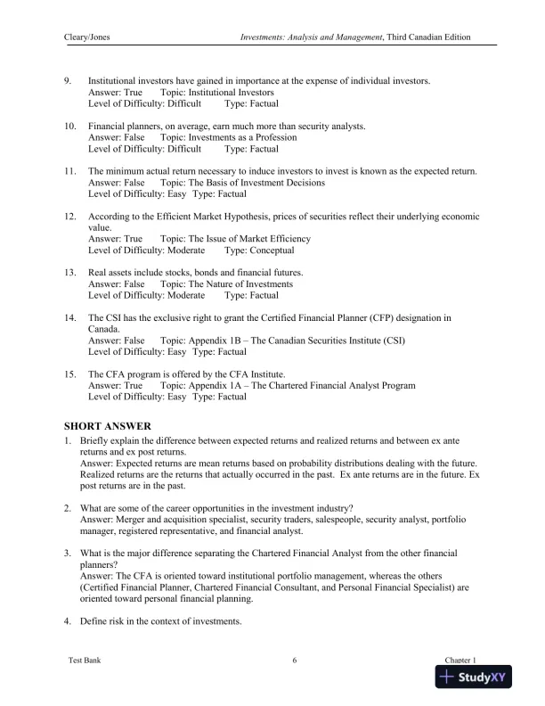 Investments : Analysis And Management, Third Canadian Edition Test Bank - Page 7 preview image