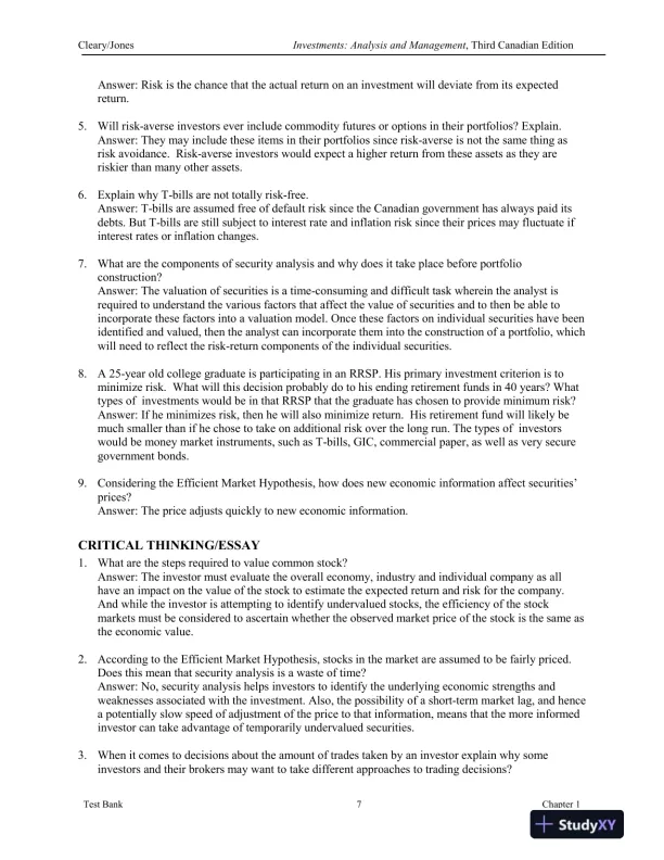 Investments : Analysis And Management, Third Canadian Edition Test Bank - Page 8 preview image
