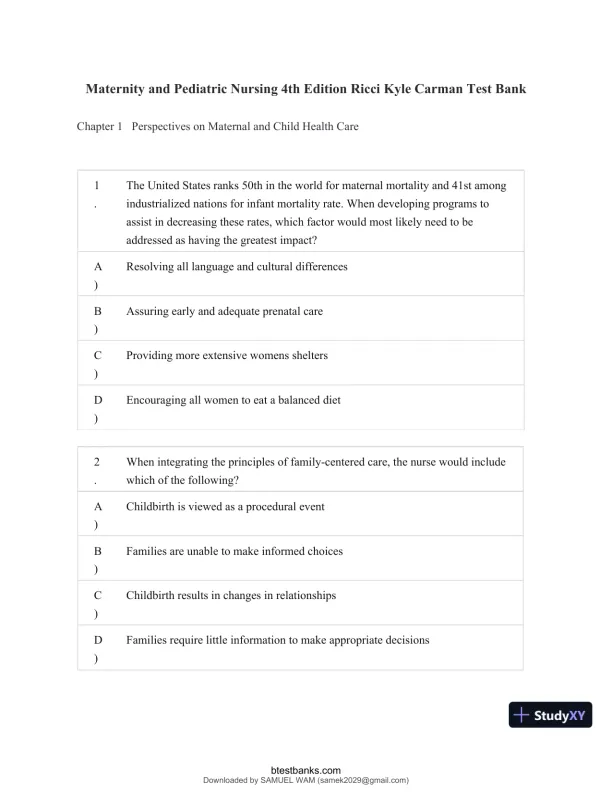 Test Bank for Maternity and Pediatric Nursing, 4th Edition (Chapters 1-51) - Page 1 preview image