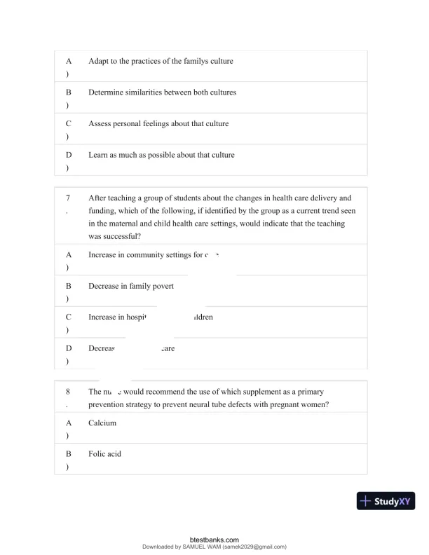 Test Bank for Maternity and Pediatric Nursing, 4th Edition (Chapters 1-51) - Page 15 preview image