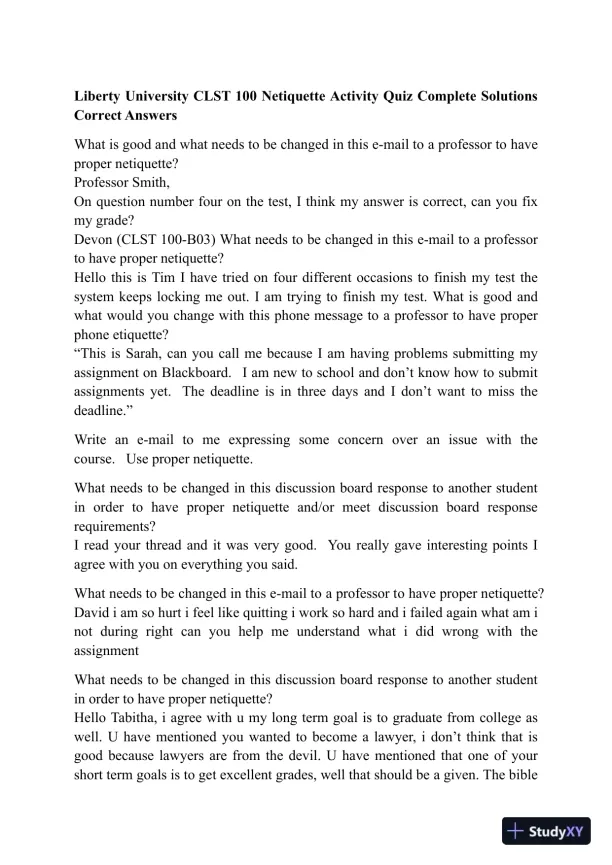 Liberty University CLST 100 Netiquette Activity Quiz Complete Solutions Correct Answers - Page 1 preview image