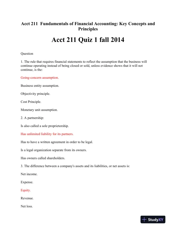 Acct 211 Fundamentals of Financial Accounting: Key Concepts and Principles - Page 1 preview image