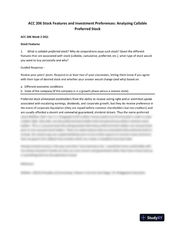 ACC 206 Stock Features and Investment Preferences: Analyzing Callable Preferred Stock - Page 1 preview image