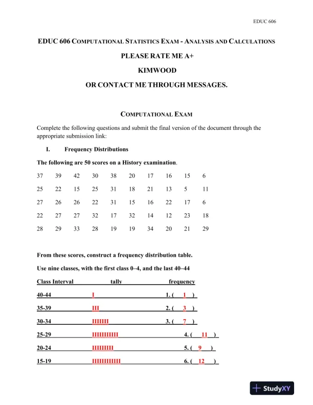 EDUC 606 Computational Statistics Exam - Analysis and Calculations - Page 1 preview image