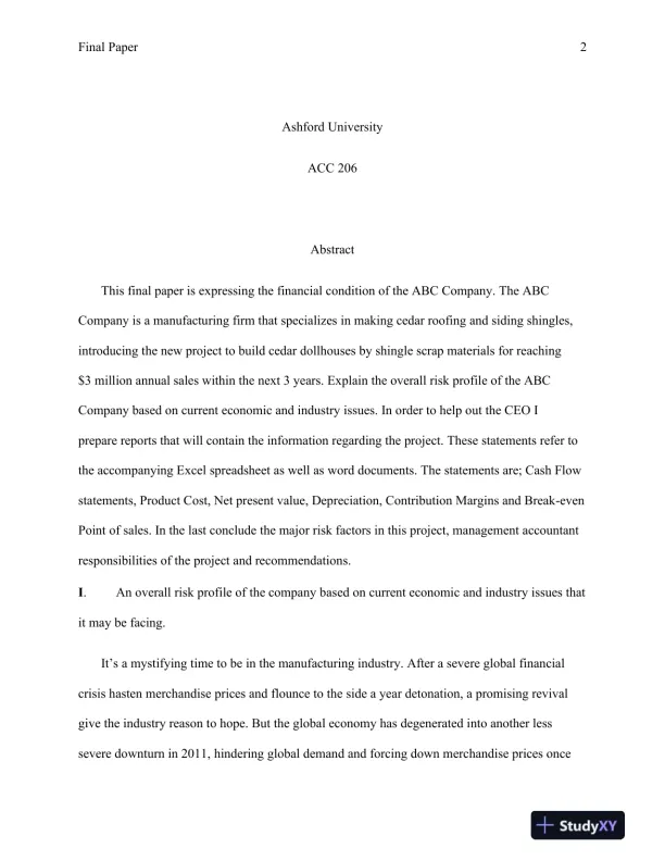 ACC 206 Financial Risk Assessment and Strategic Planning for ABC Company's Expansion Project - Ashford University - Page 3 preview image