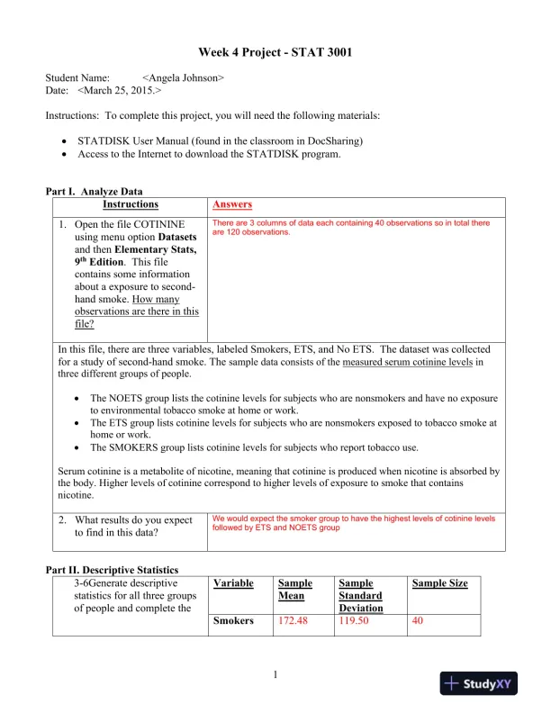 Week 4 Project - STAT 3001 - Page 1 preview image