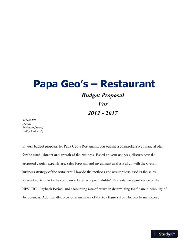 BUSN-278 Papa Geo�s � Restaurant DeVry University - Page 1 preview image