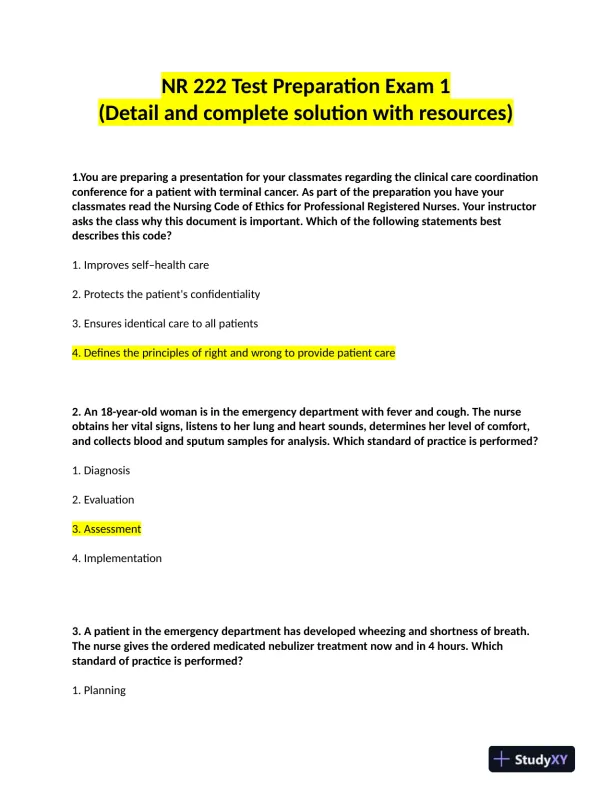 NR222 Clinical Analysis Preparation Exam 1 With Answers (21 Solved Questions) - Page 1 preview image