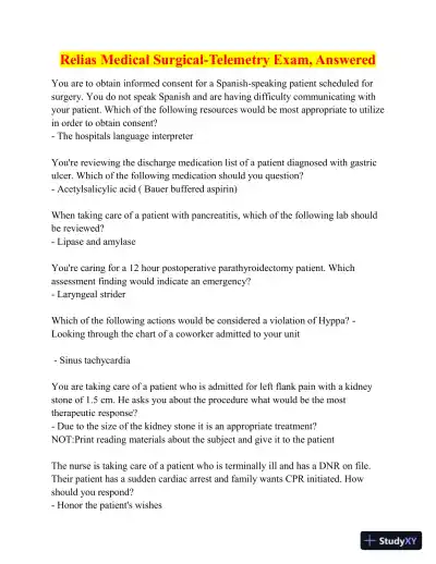 Relias Medical Surgical-Telemetry Exam with Answers (39 Solved Questions) - Page 1 preview image