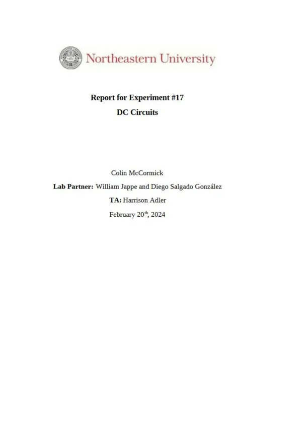 Experiment #17 DC Circuits Colin McCormick - Page 1 preview image