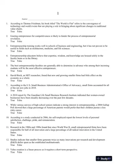 New Venture Creation: Entrepreneurship for the 21st Century 10th Edition Test Bank - Page 1 preview image