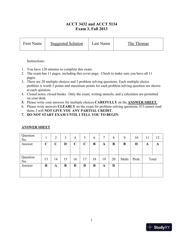 ACCT 3432 and ACCT 5134 Exam 3, Fall 2013 - Page 1 preview image