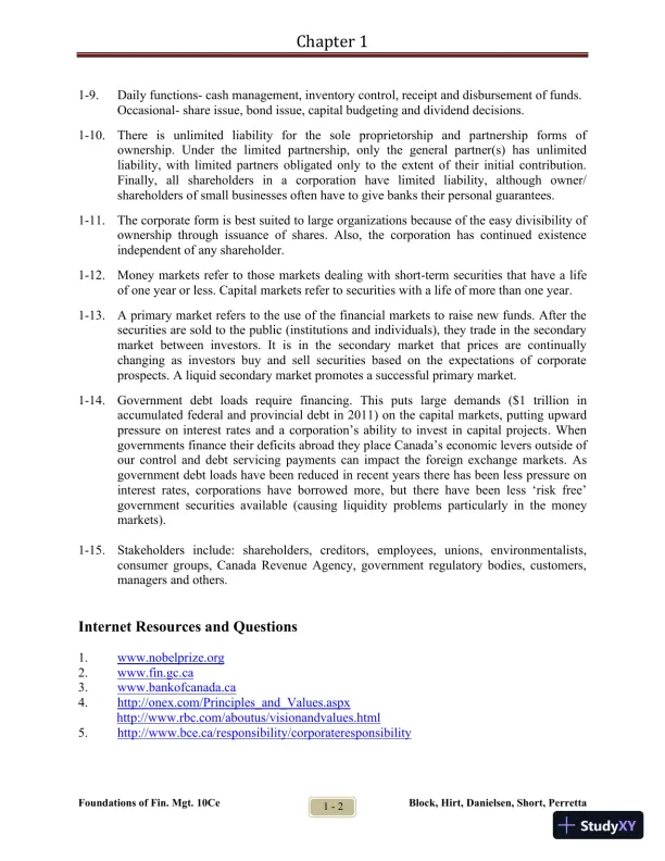 Foundations of Financial Management Tenth Canadian Edition Solution Manual - Page 3 preview image
