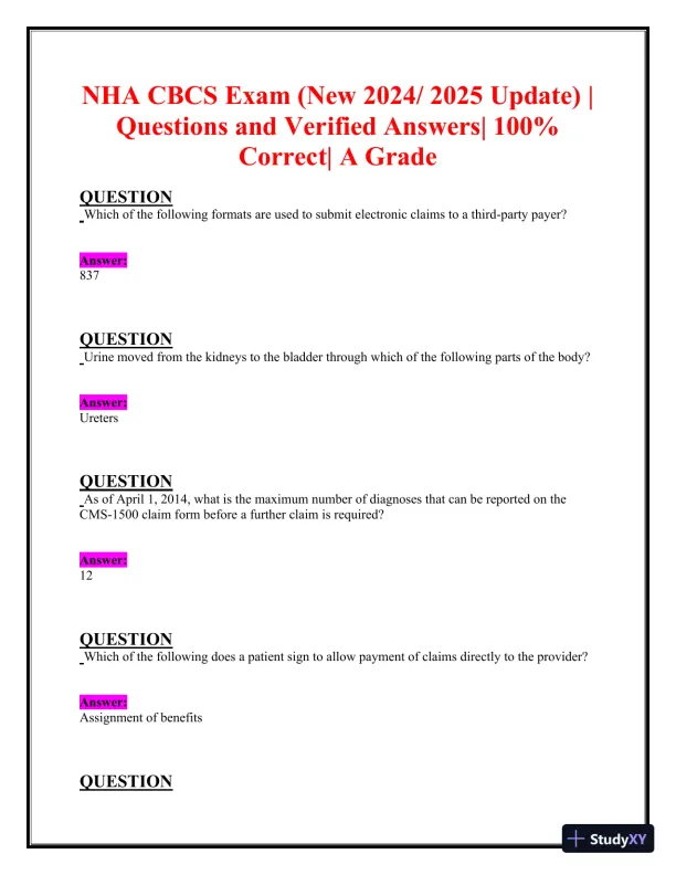 2024-2025 NHA CBCS Exam with Answers (222 Solved Questions) - Page 1 preview image