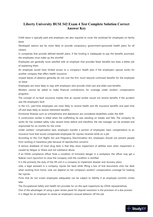 Liberty University BUSI 342 Exam 4 Test Complete Solution Correct Answer Key - Page 1 preview image