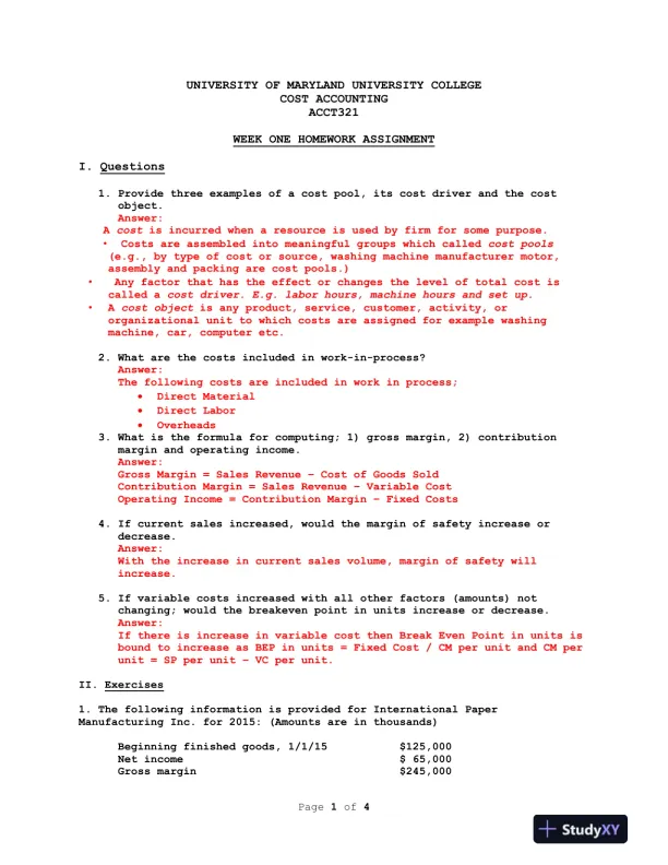 ACCT321 COST ACCOUNTING UNIVERSITY OF MARYLAND  UNIVERSITY COLLEGE - Page 1 preview image