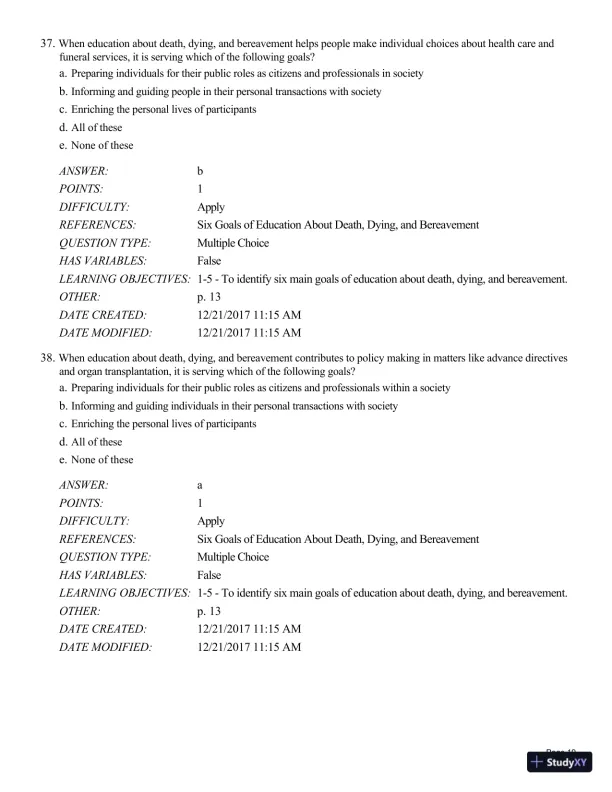 Test Bank For Death and Dying, Life and Living , 8th Edition - Page 20 preview image