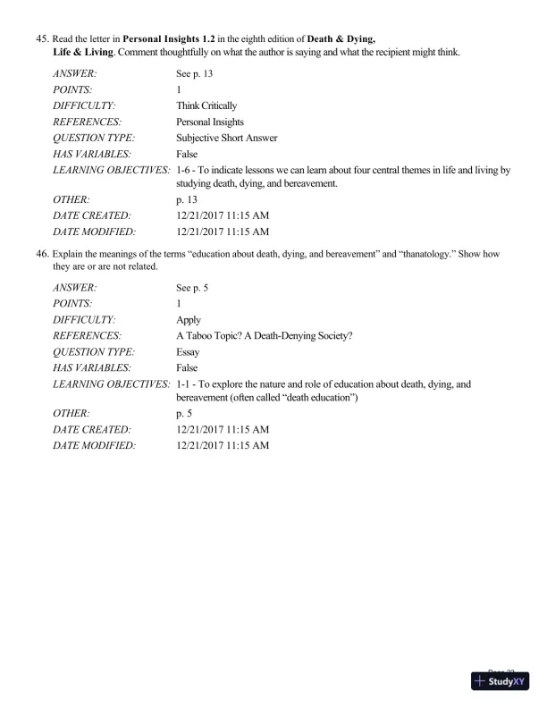 Test Bank For Death and Dying, Life and Living , 8th Edition - Page 24 preview image