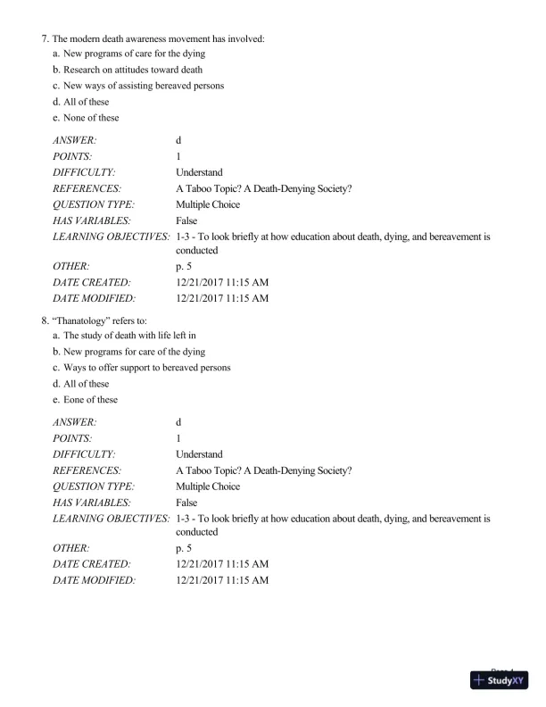 Test Bank For Death and Dying, Life and Living , 8th Edition - Page 5 preview image