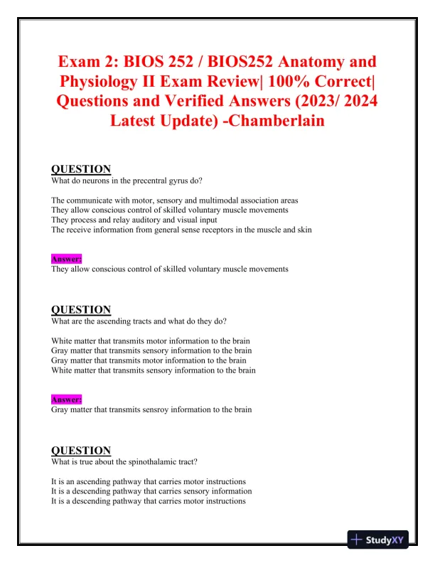 2023-2024 BIOS252 Anatomy and Physiology Review Exam II With Answers (160 Solved Questions) - Page 1 preview image