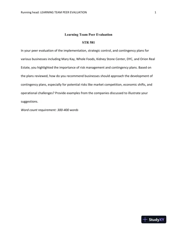 STR 581 Learning Team Peer Evaluation - Page 1 preview image