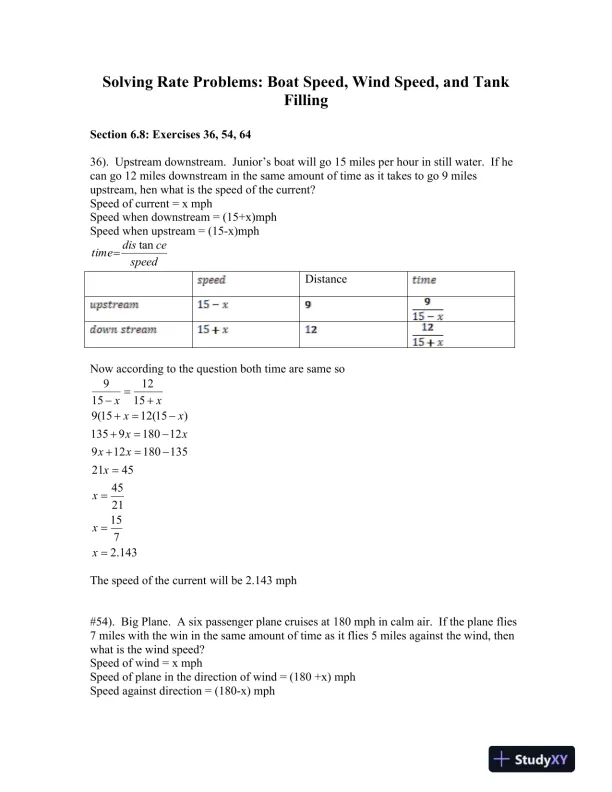 Solving Rate Problems: Boat Speed, Wind Speed, and Tank Filling - Page 1 preview image
