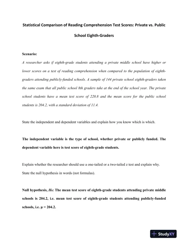 Statistical Comparison of Reading Comprehension Test Scores: Private vs. Public School Eighth-Graders - Page 1 preview image