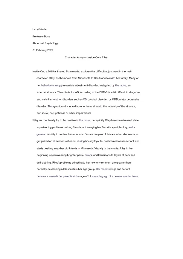 Understanding Adjustment Disorder Analyzing Riley' - Page 1 preview image