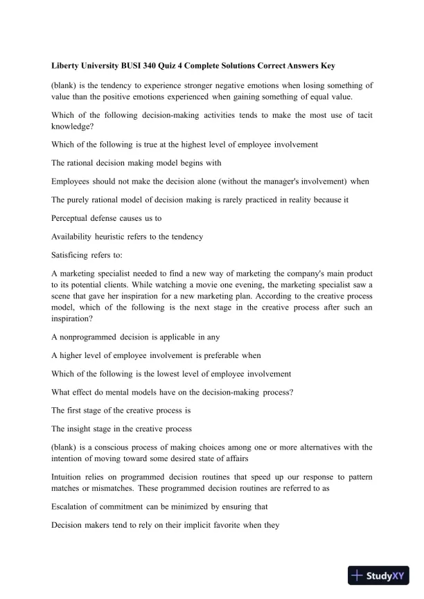 Liberty University BUSI 340 Quiz 4 Complete Solutions Correct Answers Key - Page 1 preview image