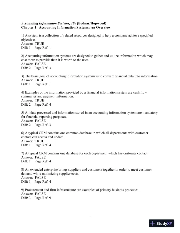 Test Bank For Accounting Information Systems, 10th Edition - Page 1 preview image
