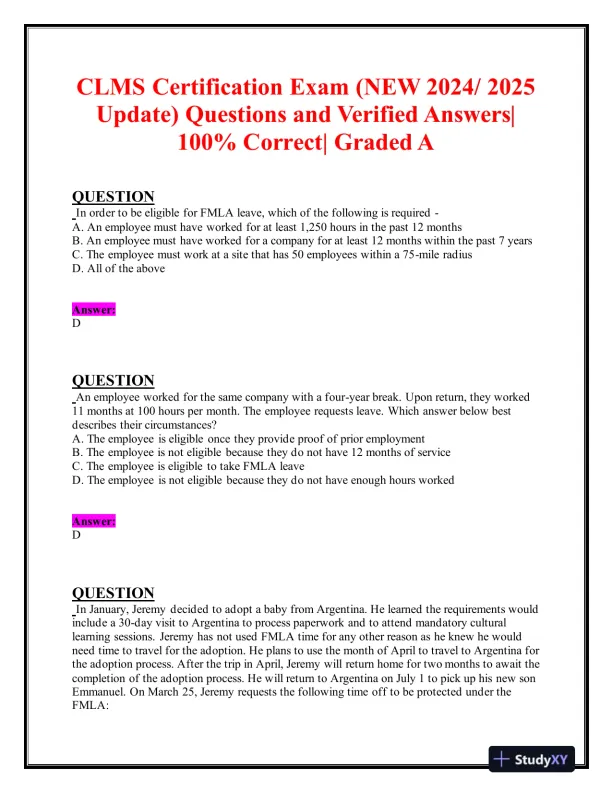 2024-2025 CLMS Human Resource Management Practice Exam With Answers (65 Solved Questions) - Page 1 preview image