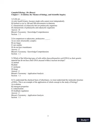 Campbell Biology, 10th Edition Test Bank - Page 1 preview image