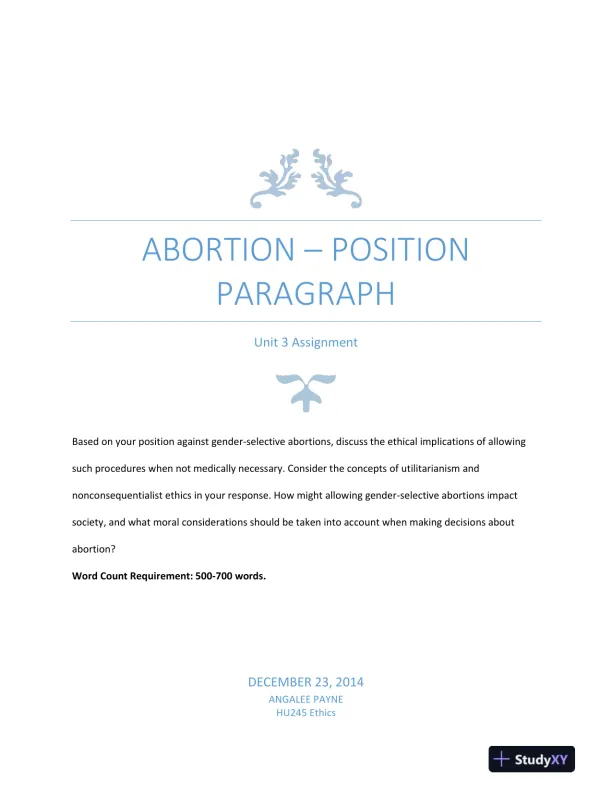 Abortion � Position Paragraph Unit 3 Assignment - Page 1 preview image