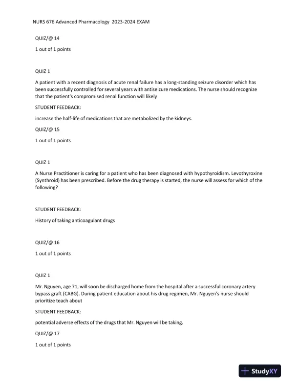 2023-2024 NURS676 Pharmacology Midterm Exam With Answers (101 Solved Questions) - Page 7 preview image