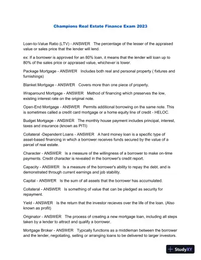 2023 Champions Real Estate Finance Exam with Answers (186 Solved Questions) - Page 1 preview image