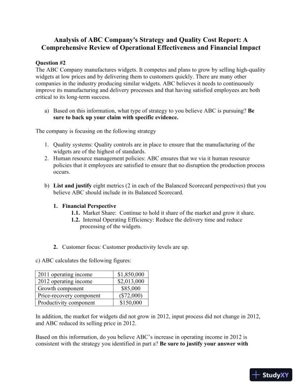 Analysis Of ABC Company's Strategy And Quality Cost Report: A Comprehensive Review Of Operational Effectiveness And Financial Impact - Page 1 preview image