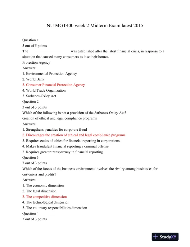 NU MGT400 Week 2 Midterm Exam latest 2015 - Page 1 preview image