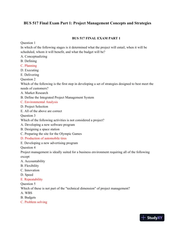 BUS 517 Final Exam Part 1: Project Management Concepts and Strategies - Page 1 preview image