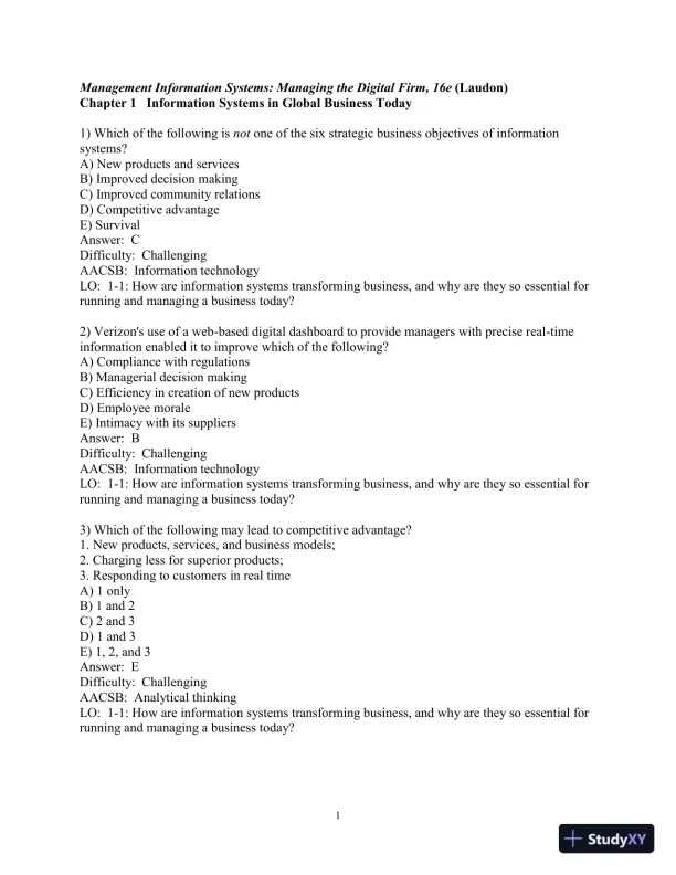 Test Bank For Management Information Systems: Managing the Digital Firm, 16th Edition - Page 1 preview image