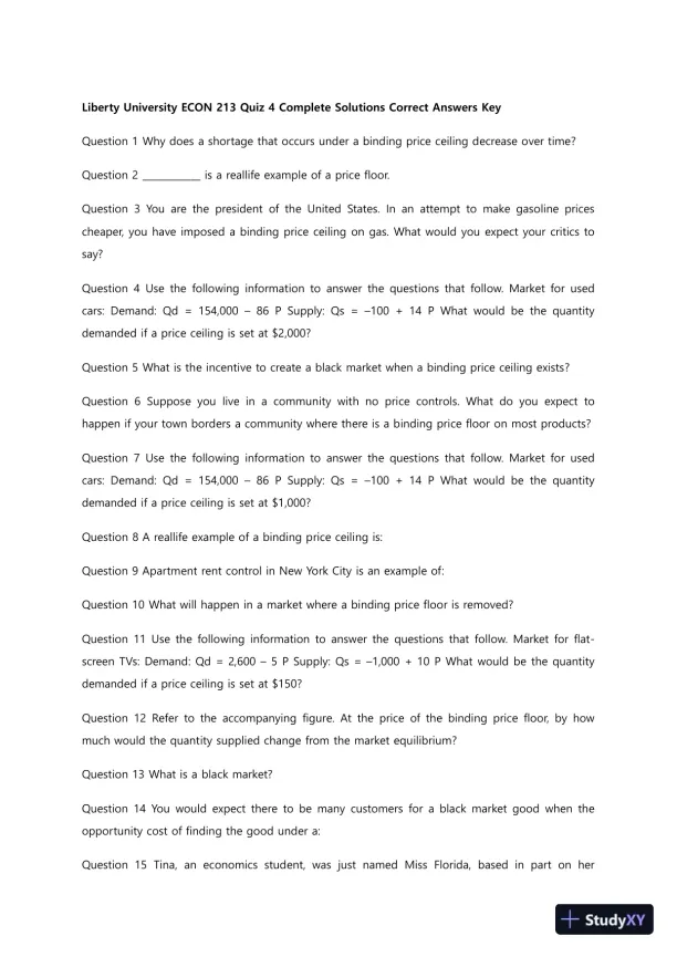 Liberty University ECON 213 Quiz 4 Complete Solutions Correct Answers Key - Page 1 preview image