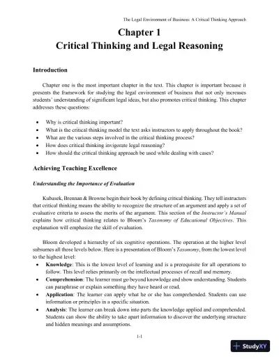 The Legal Environment of Business: A Critical Thinking Approach , 8th Edition Solution Manual - Page 1 preview image