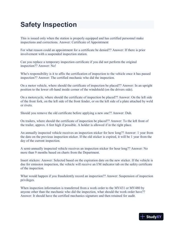 Safety Inspection With Answers (63 Solved Questions) - Page 1 preview image