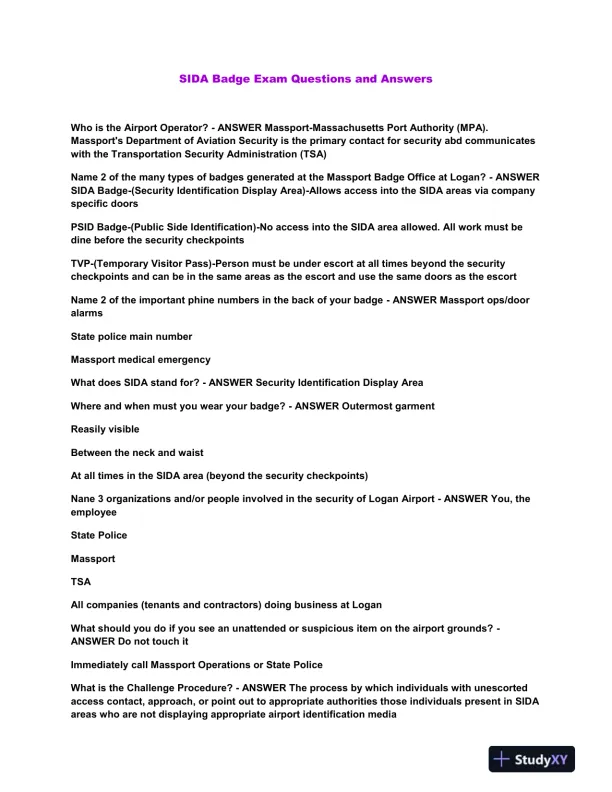 SIDA Badge Practice Exam With Answers (30 Solved Questions) - Page 1 preview image