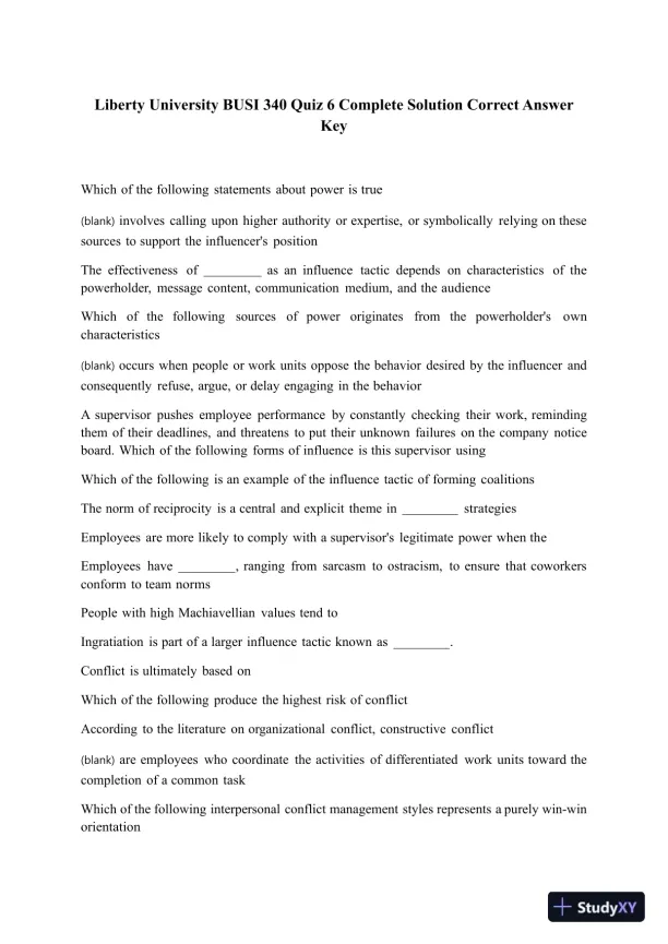 Liberty University BUSI 340 Quiz 6 Complete Solution Correct Answer Key - Page 1 preview image