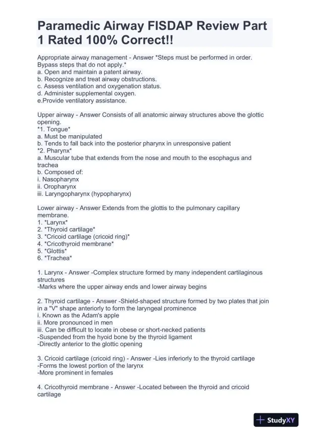 FISDAP Paramedic Airway Practice Exam With Answers (184 Solved Questions) - Page 1 preview image