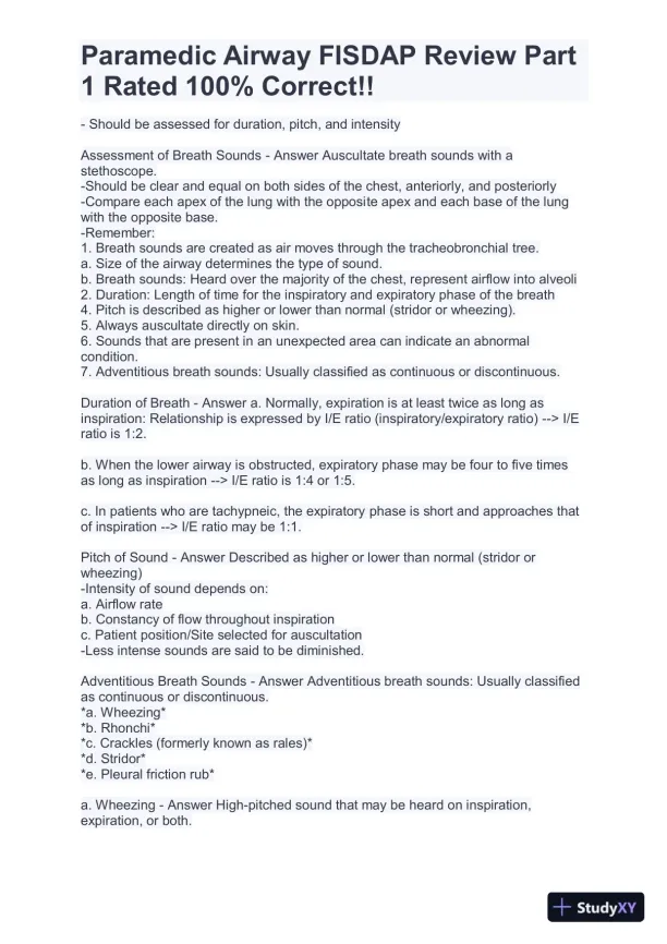 FISDAP Paramedic Airway Practice Exam With Answers (184 Solved Questions) - Page 10 preview image