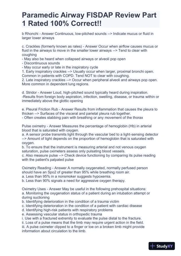FISDAP Paramedic Airway Practice Exam With Answers (184 Solved Questions) - Page 11 preview image