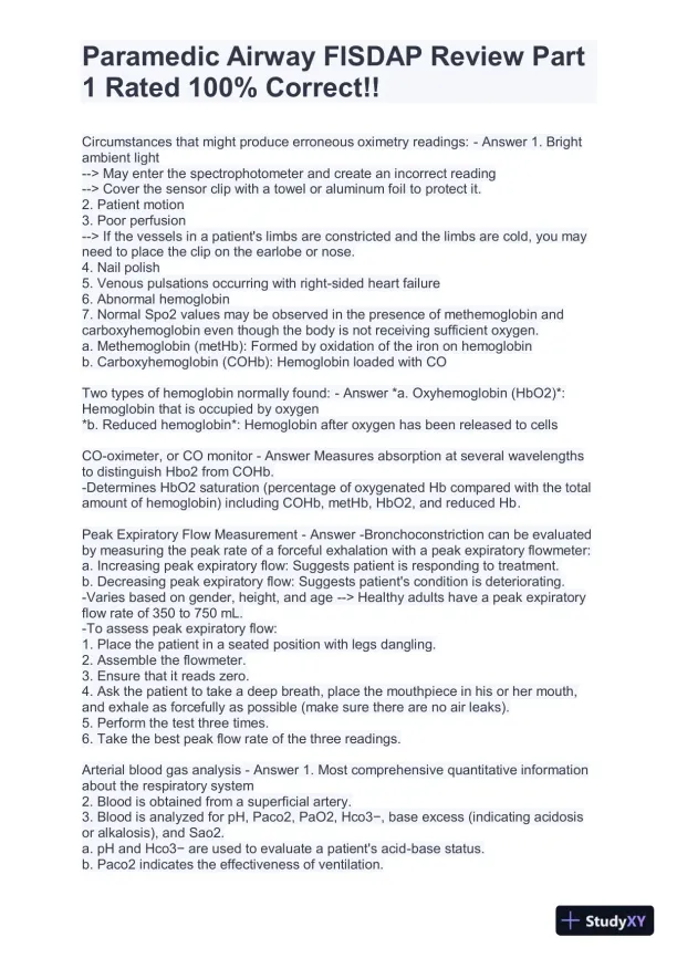 FISDAP Paramedic Airway Practice Exam With Answers (184 Solved Questions) - Page 12 preview image