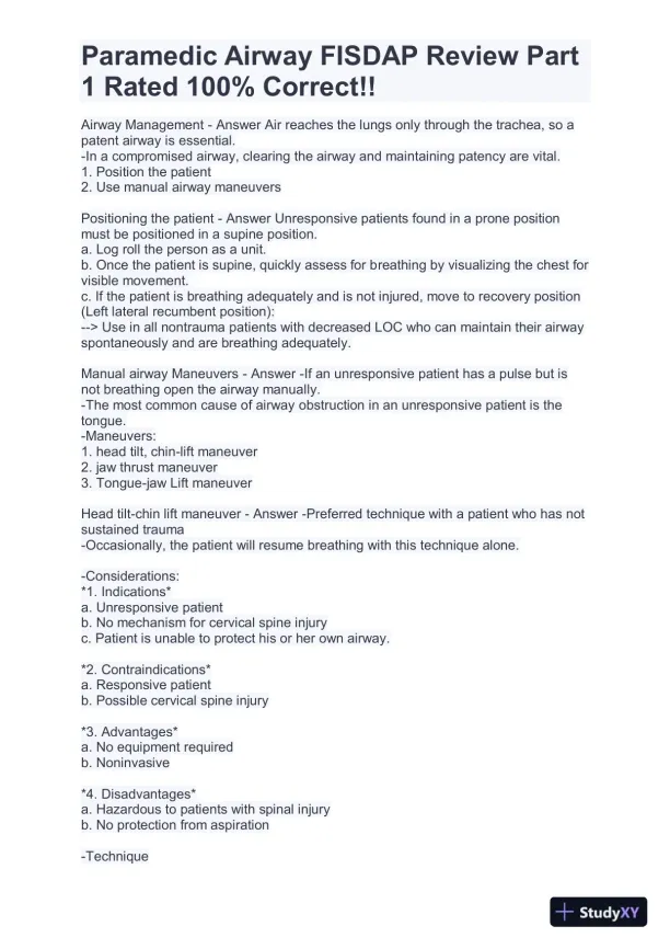 FISDAP Paramedic Airway Practice Exam With Answers (184 Solved Questions) - Page 15 preview image
