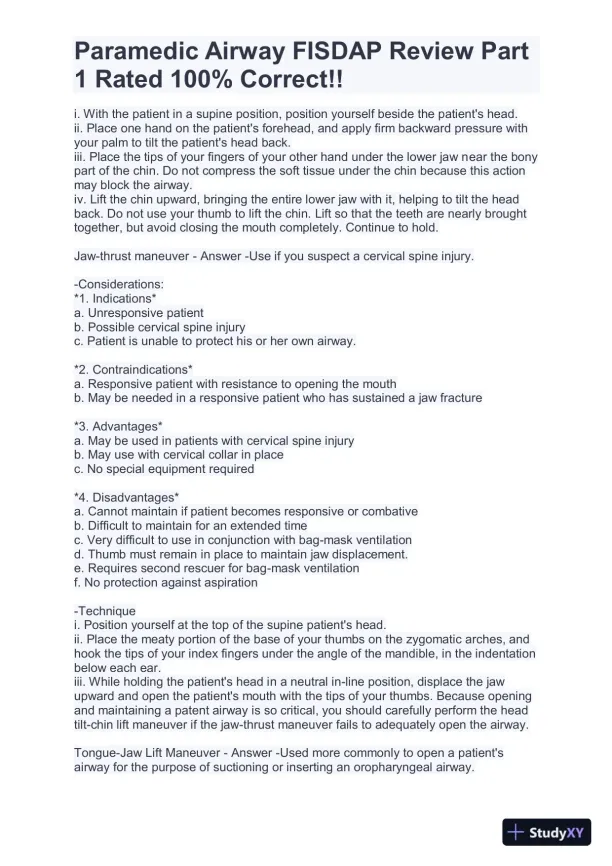 FISDAP Paramedic Airway Practice Exam With Answers (184 Solved Questions) - Page 16 preview image